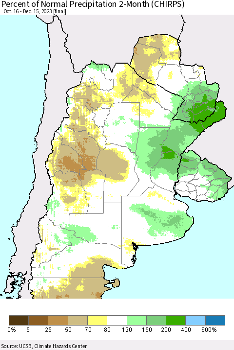 Southern South America Percent of Normal Precipitation 2-Month (CHIRPS) Thematic Map For 10/16/2023 - 12/15/2023