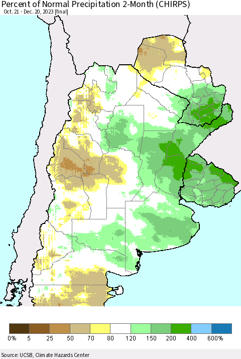 Southern South America Percent of Normal Precipitation 2-Month (CHIRPS) Thematic Map For 10/21/2023 - 12/20/2023