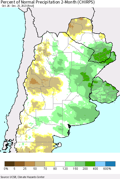 Southern South America Percent of Normal Precipitation 2-Month (CHIRPS) Thematic Map For 10/26/2023 - 12/25/2023