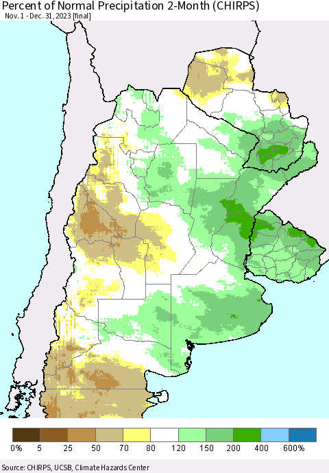 Southern South America Percent of Normal Precipitation 2-Month (CHIRPS) Thematic Map For 11/1/2023 - 12/31/2023