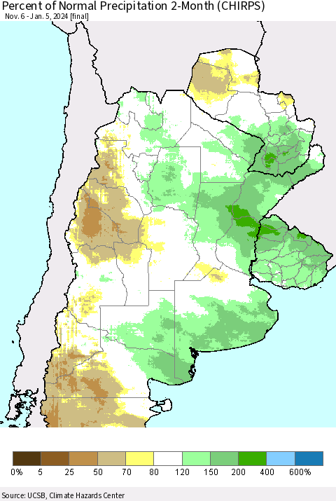 Southern South America Percent of Normal Precipitation 2-Month (CHIRPS) Thematic Map For 11/6/2023 - 1/5/2024