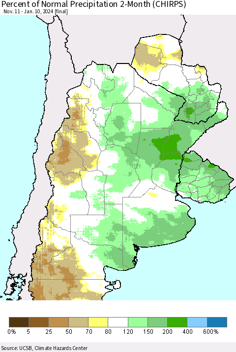 Southern South America Percent of Normal Precipitation 2-Month (CHIRPS) Thematic Map For 11/11/2023 - 1/10/2024