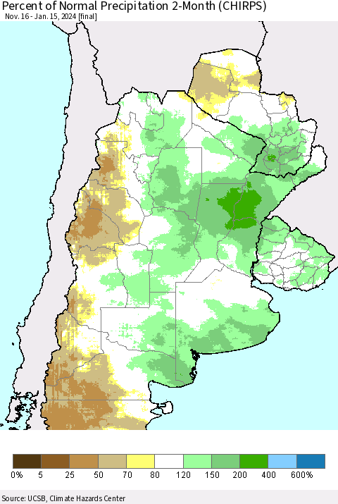 Southern South America Percent of Normal Precipitation 2-Month (CHIRPS) Thematic Map For 11/16/2023 - 1/15/2024
