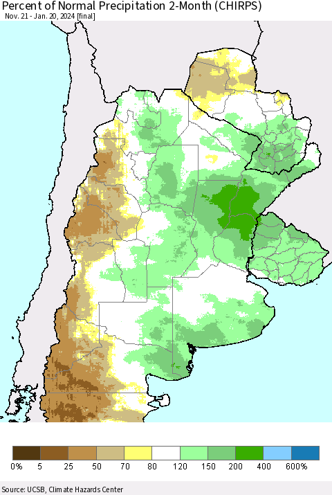 Southern South America Percent of Normal Precipitation 2-Month (CHIRPS) Thematic Map For 11/21/2023 - 1/20/2024