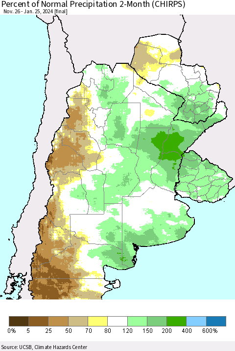 Southern South America Percent of Normal Precipitation 2-Month (CHIRPS) Thematic Map For 11/26/2023 - 1/25/2024