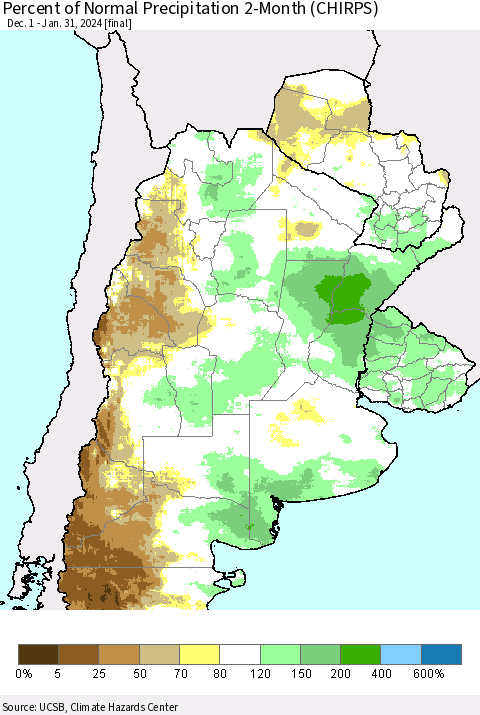 Southern South America Percent of Normal Precipitation 2-Month (CHIRPS) Thematic Map For 12/1/2023 - 1/31/2024