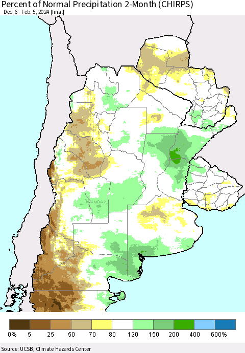 Southern South America Percent of Normal Precipitation 2-Month (CHIRPS) Thematic Map For 12/6/2023 - 2/5/2024