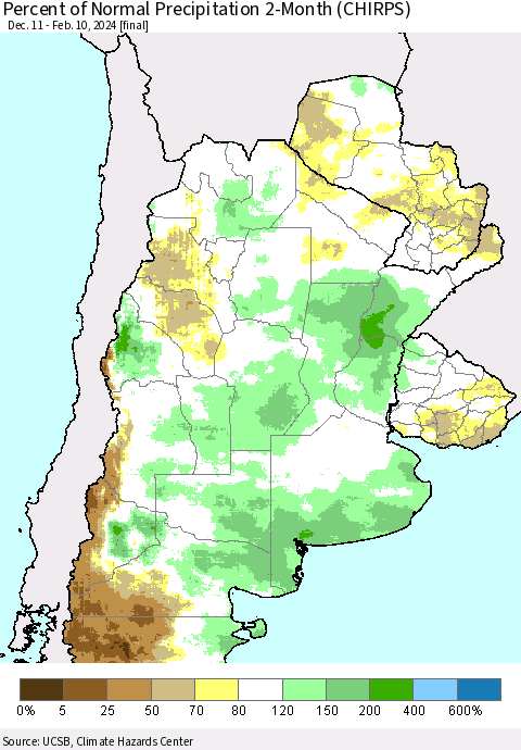 Southern South America Percent of Normal Precipitation 2-Month (CHIRPS) Thematic Map For 12/11/2023 - 2/10/2024