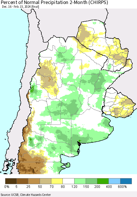Southern South America Percent of Normal Precipitation 2-Month (CHIRPS) Thematic Map For 12/16/2023 - 2/15/2024