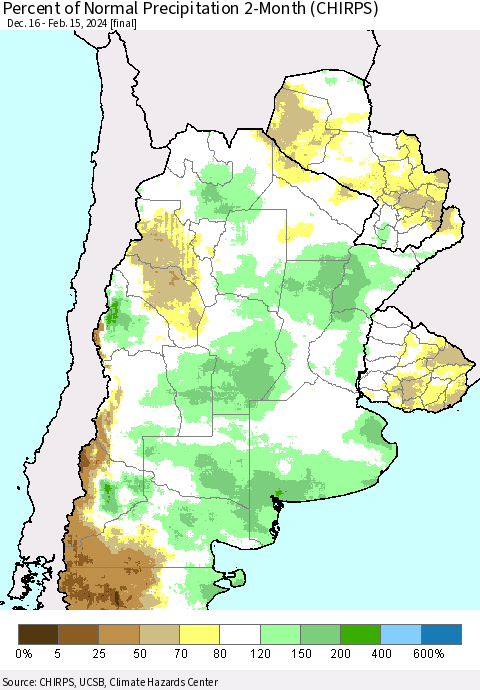 Southern South America Percent of Normal Precipitation 2-Month (CHIRPS) Thematic Map For 12/16/2023 - 2/15/2024