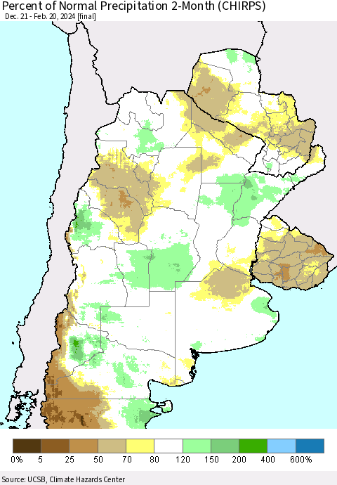 Southern South America Percent of Normal Precipitation 2-Month (CHIRPS) Thematic Map For 12/21/2023 - 2/20/2024