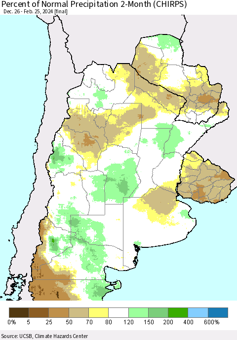 Southern South America Percent of Normal Precipitation 2-Month (CHIRPS) Thematic Map For 12/26/2023 - 2/25/2024