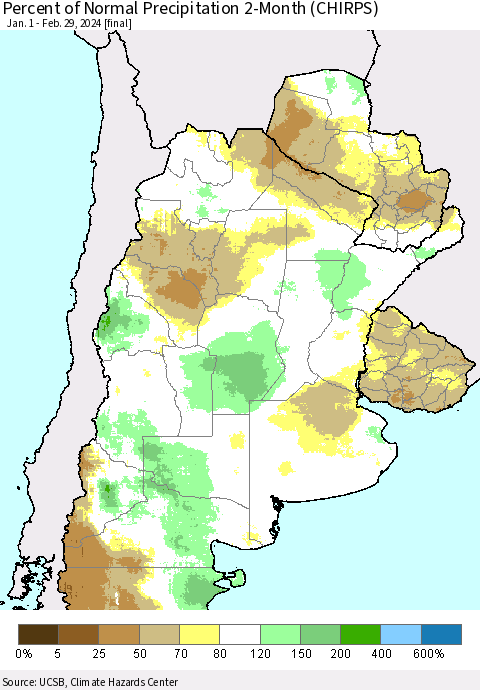 Southern South America Percent of Normal Precipitation 2-Month (CHIRPS) Thematic Map For 1/1/2024 - 2/29/2024