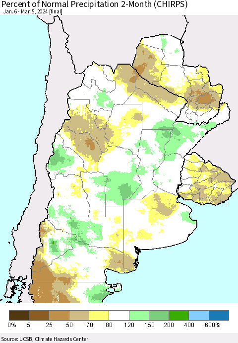 Southern South America Percent of Normal Precipitation 2-Month (CHIRPS) Thematic Map For 1/6/2024 - 3/5/2024