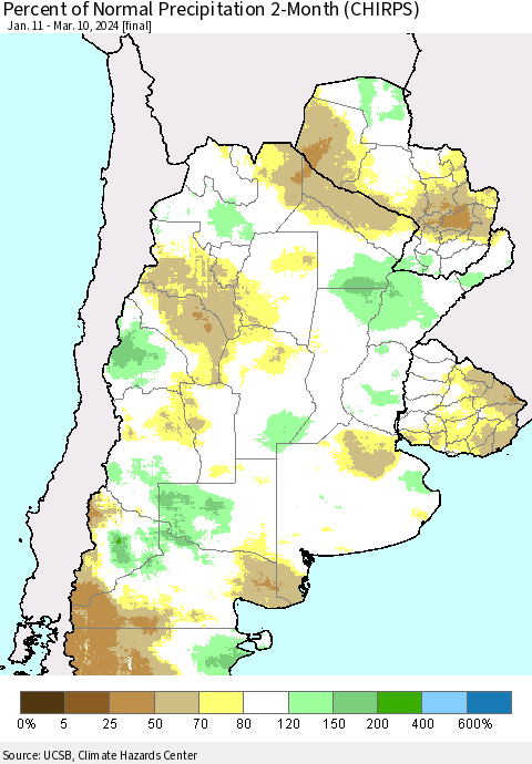 Southern South America Percent of Normal Precipitation 2-Month (CHIRPS) Thematic Map For 1/11/2024 - 3/10/2024