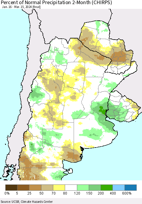 Southern South America Percent of Normal Precipitation 2-Month (CHIRPS) Thematic Map For 1/16/2024 - 3/15/2024