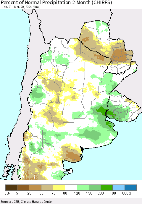 Southern South America Percent of Normal Precipitation 2-Month (CHIRPS) Thematic Map For 1/21/2024 - 3/20/2024
