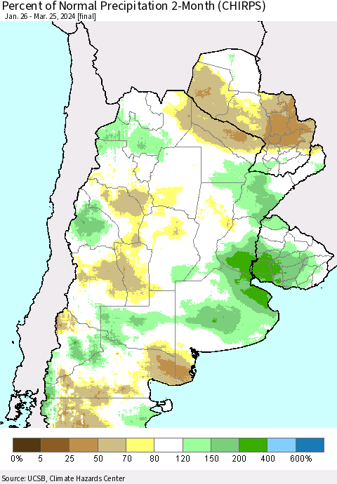 Southern South America Percent of Normal Precipitation 2-Month (CHIRPS) Thematic Map For 1/26/2024 - 3/25/2024