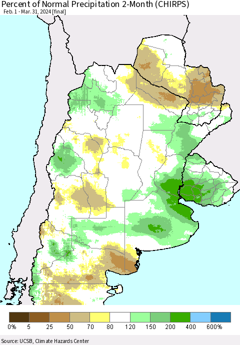 Southern South America Percent of Normal Precipitation 2-Month (CHIRPS) Thematic Map For 2/1/2024 - 3/31/2024
