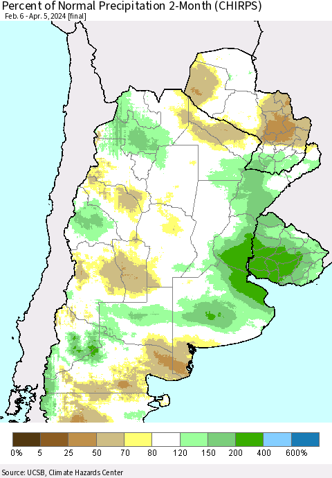 Southern South America Percent of Normal Precipitation 2-Month (CHIRPS) Thematic Map For 2/6/2024 - 4/5/2024