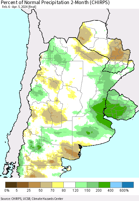 Southern South America Percent of Normal Precipitation 2-Month (CHIRPS) Thematic Map For 2/6/2024 - 4/5/2024