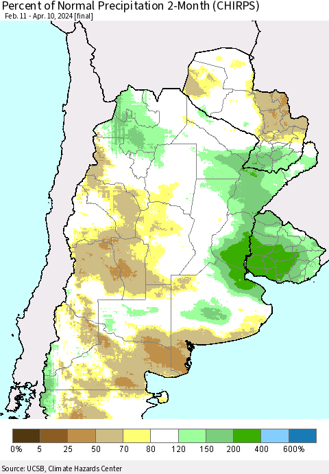 Southern South America Percent of Normal Precipitation 2-Month (CHIRPS) Thematic Map For 2/11/2024 - 4/10/2024