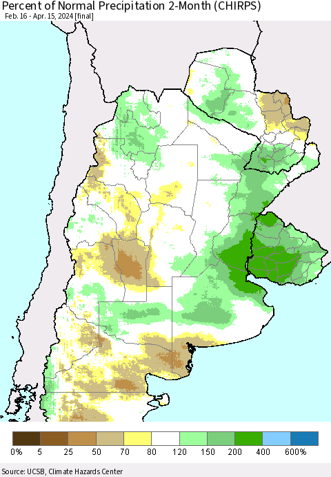 Southern South America Percent of Normal Precipitation 2-Month (CHIRPS) Thematic Map For 2/16/2024 - 4/15/2024