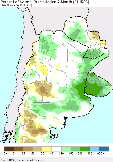 Southern South America Percent of Normal Precipitation 2-Month (CHIRPS) Thematic Map For 2/21/2024 - 4/20/2024