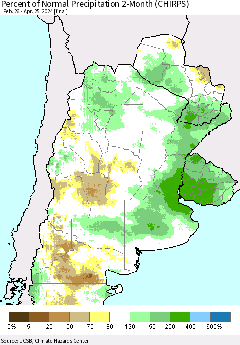 Southern South America Percent of Normal Precipitation 2-Month (CHIRPS) Thematic Map For 2/26/2024 - 4/25/2024