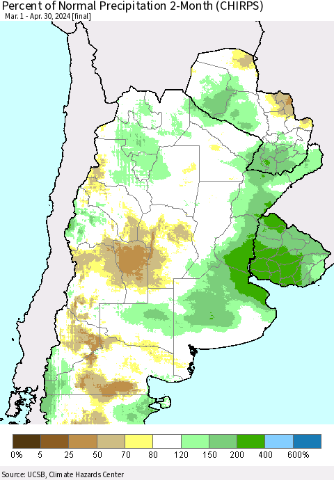 Southern South America Percent of Normal Precipitation 2-Month (CHIRPS) Thematic Map For 3/1/2024 - 4/30/2024