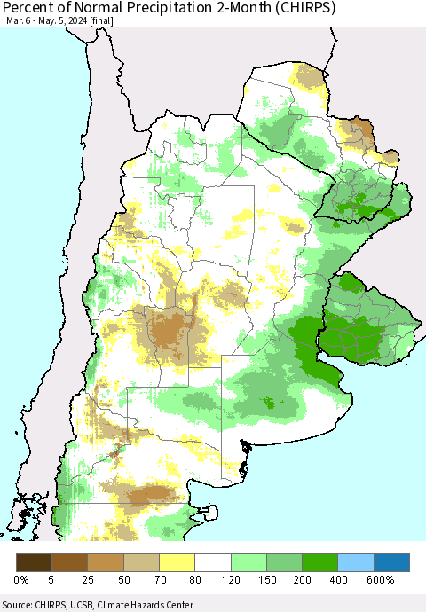 Southern South America Percent of Normal Precipitation 2-Month (CHIRPS) Thematic Map For 3/6/2024 - 5/5/2024
