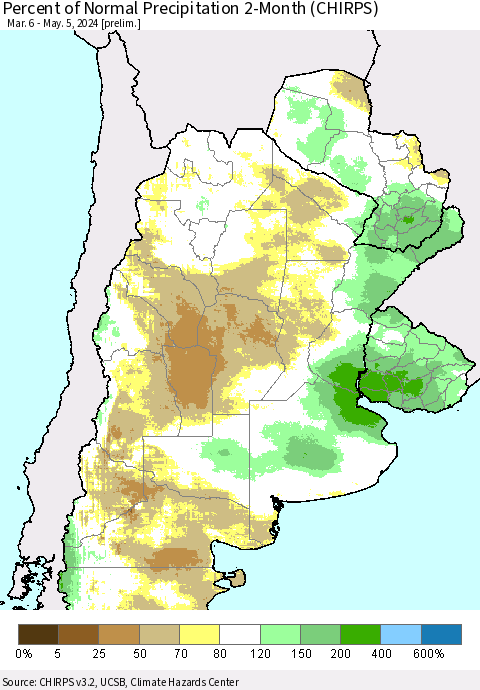 Southern South America Percent of Normal Precipitation 2-Month (CHIRPS) Thematic Map For 3/6/2024 - 5/5/2024