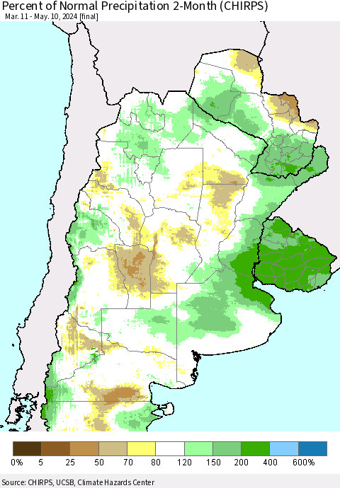 Southern South America Percent of Normal Precipitation 2-Month (CHIRPS) Thematic Map For 3/11/2024 - 5/10/2024