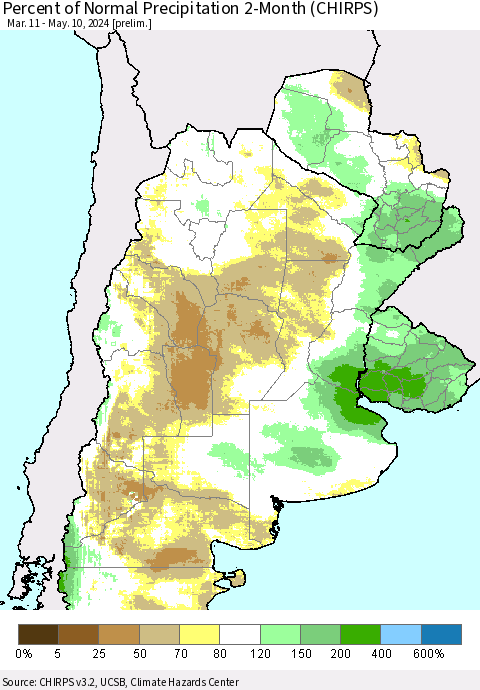 Southern South America Percent of Normal Precipitation 2-Month (CHIRPS) Thematic Map For 3/11/2024 - 5/10/2024
