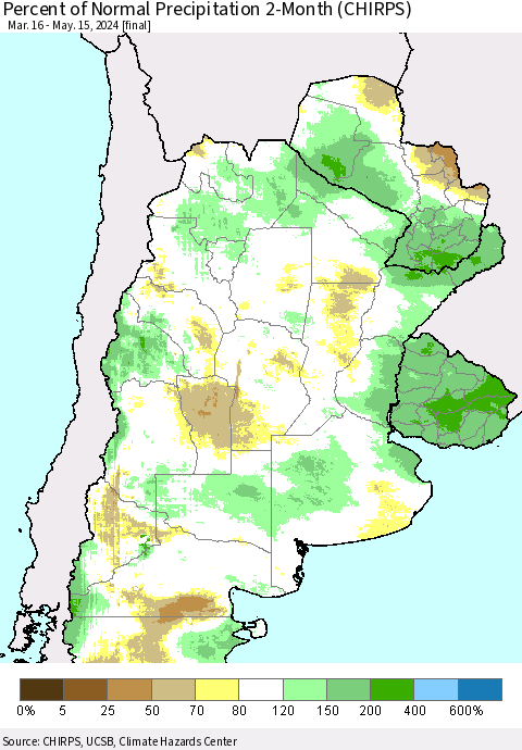 Southern South America Percent of Normal Precipitation 2-Month (CHIRPS) Thematic Map For 3/16/2024 - 5/15/2024