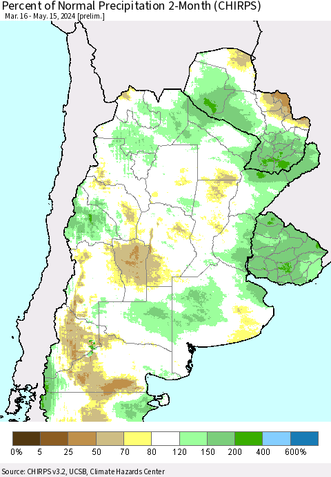 Southern South America Percent of Normal Precipitation 2-Month (CHIRPS) Thematic Map For 3/16/2024 - 5/15/2024