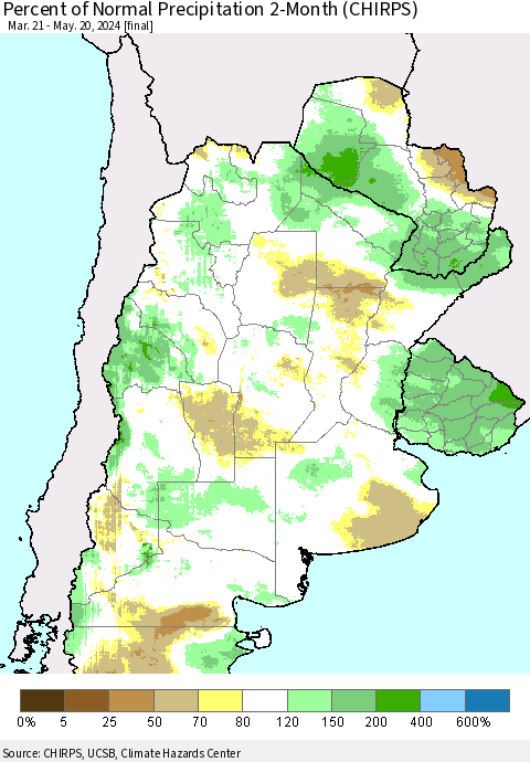 Southern South America Percent of Normal Precipitation 2-Month (CHIRPS) Thematic Map For 3/21/2024 - 5/20/2024