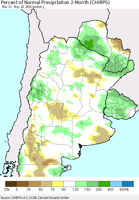 Southern South America Percent of Normal Precipitation 2-Month (CHIRPS) Thematic Map For 3/21/2024 - 5/20/2024