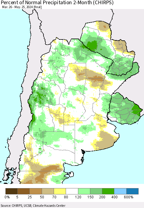 Southern South America Percent of Normal Precipitation 2-Month (CHIRPS) Thematic Map For 3/26/2024 - 5/25/2024