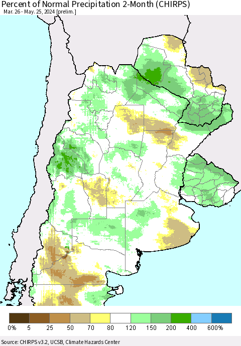 Southern South America Percent of Normal Precipitation 2-Month (CHIRPS) Thematic Map For 3/26/2024 - 5/25/2024