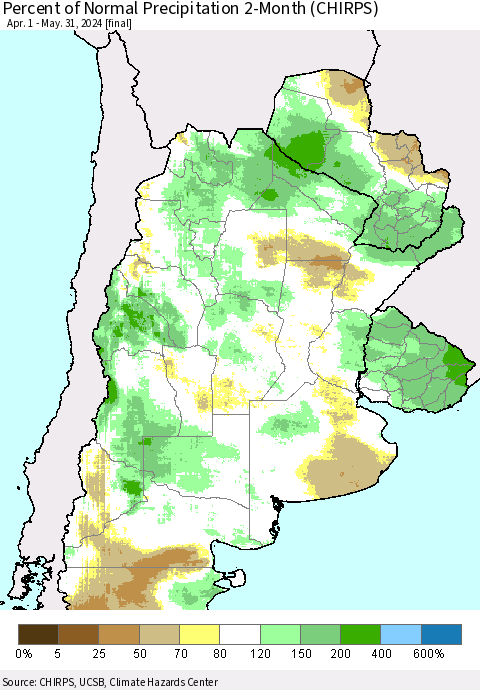 Southern South America Percent of Normal Precipitation 2-Month (CHIRPS) Thematic Map For 4/1/2024 - 5/31/2024
