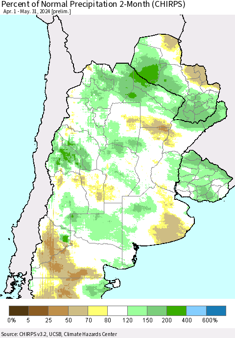 Southern South America Percent of Normal Precipitation 2-Month (CHIRPS) Thematic Map For 4/1/2024 - 5/31/2024