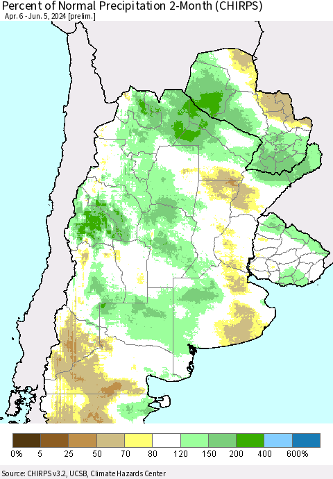 Southern South America Percent of Normal Precipitation 2-Month (CHIRPS) Thematic Map For 4/6/2024 - 6/5/2024