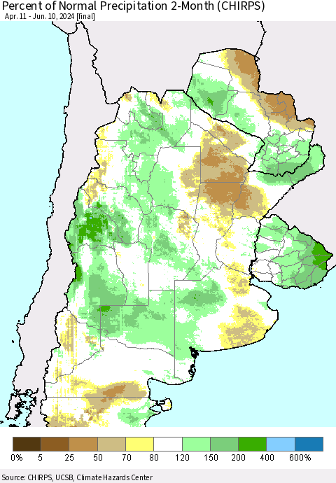Southern South America Percent of Normal Precipitation 2-Month (CHIRPS) Thematic Map For 4/11/2024 - 6/10/2024