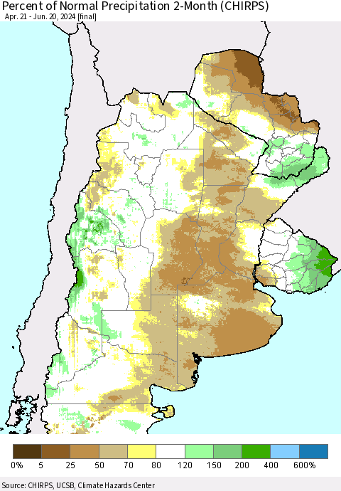 Southern South America Percent of Normal Precipitation 2-Month (CHIRPS) Thematic Map For 4/21/2024 - 6/20/2024