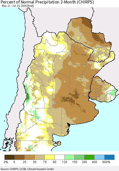 Southern South America Percent of Normal Precipitation 2-Month (CHIRPS) Thematic Map For 5/11/2024 - 7/10/2024