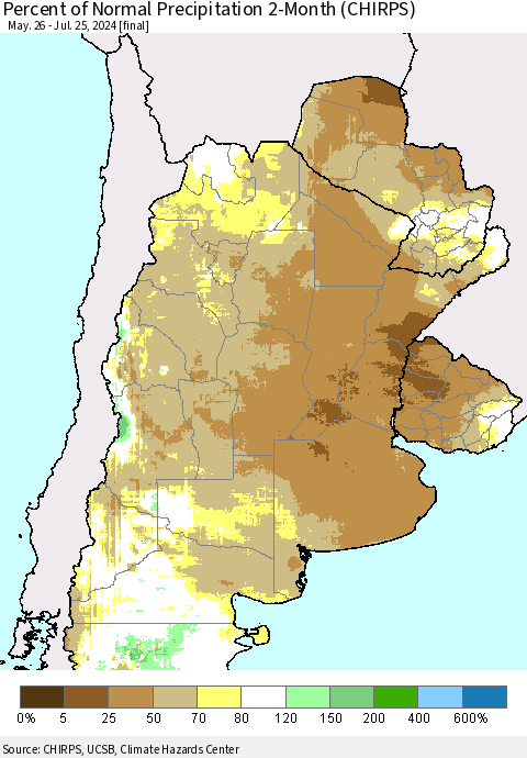 Southern South America Percent of Normal Precipitation 2-Month (CHIRPS) Thematic Map For 5/26/2024 - 7/25/2024