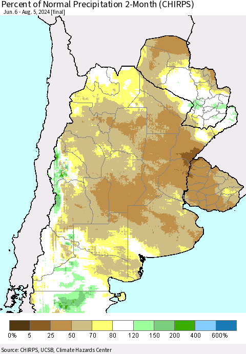 Southern South America Percent of Normal Precipitation 2-Month (CHIRPS) Thematic Map For 6/6/2024 - 8/5/2024