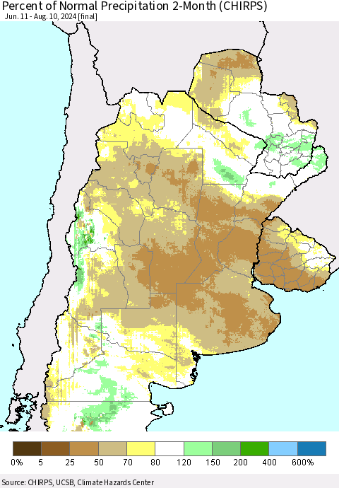 Southern South America Percent of Normal Precipitation 2-Month (CHIRPS) Thematic Map For 6/11/2024 - 8/10/2024