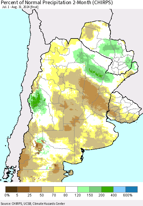 Southern South America Percent of Normal Precipitation 2-Month (CHIRPS) Thematic Map For 7/1/2024 - 8/31/2024